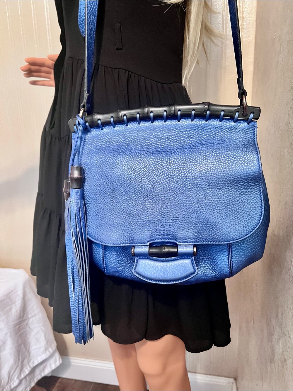 Gucci Bamboo Blue Pebbled Leather Shoulder Bag with Tassels